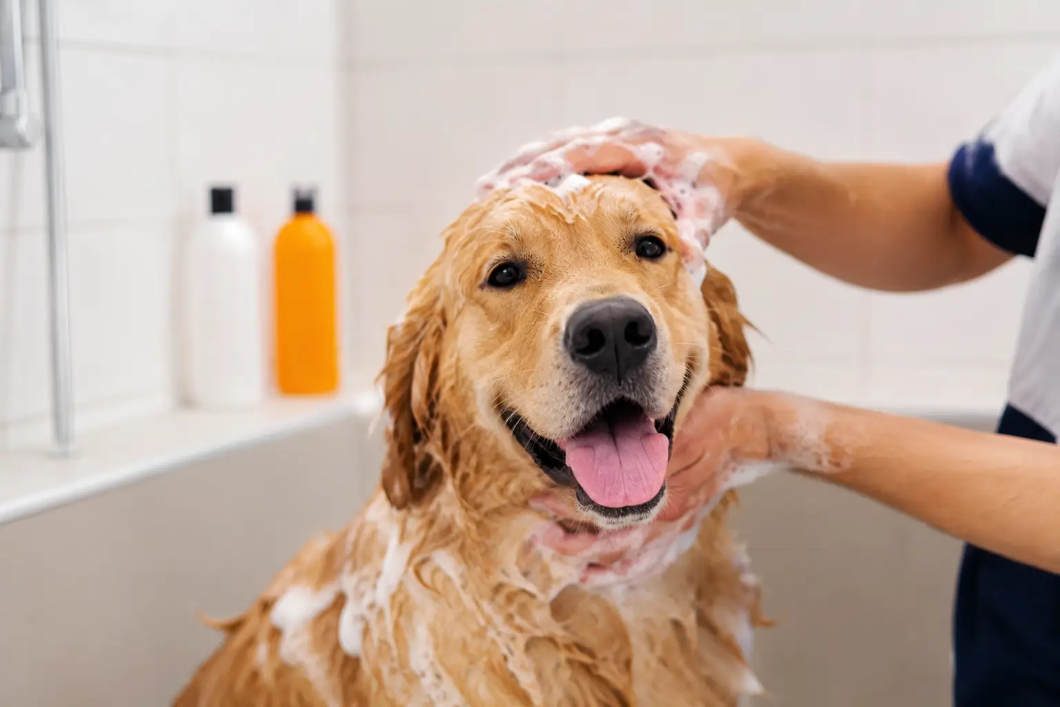 Perro siendo bañado correctamente según recomendaciones veterinarias