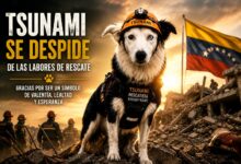 Tsunami, el perro rescatista venezolano, durante su última misión entre los escombros antes de su retirada.correctamente en casa
