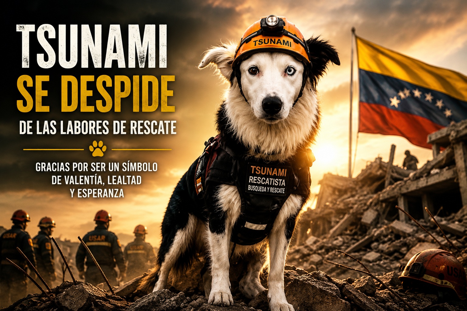 Tsunami, el perro rescatista venezolano, durante su última misión entre los escombros antes de su retirada.correctamente en casa