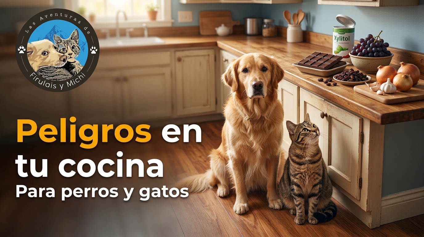 Perro y gato mirando con curiosidad alimentos tóxicos para perros y gatos en la cocina